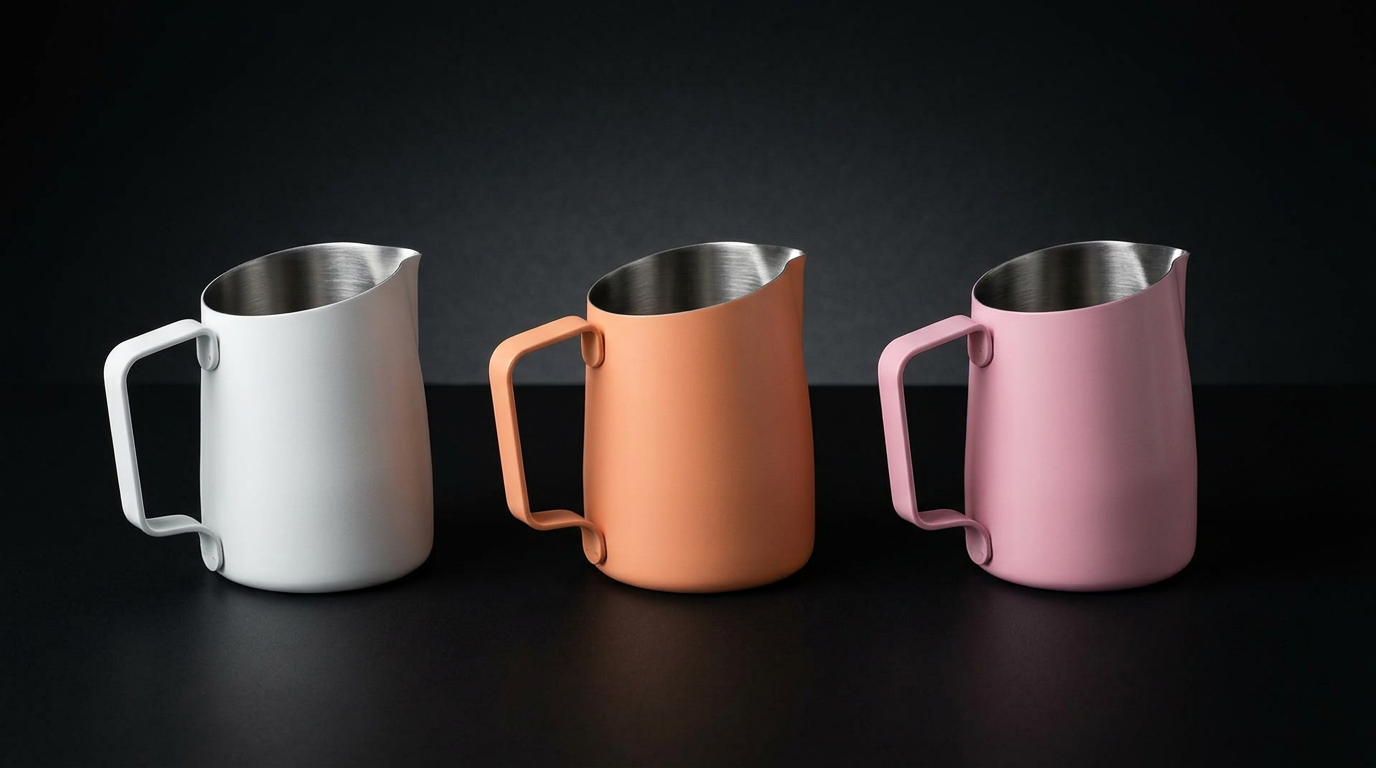 Three WPM milk pitchers in matte white, peach fuzz, and peony pink arranged in a modern studio setting